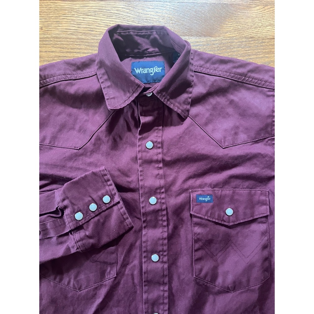 Wrangler Mens Western Snap Shirt Long Sleeve Burgundy Purple Twill Small